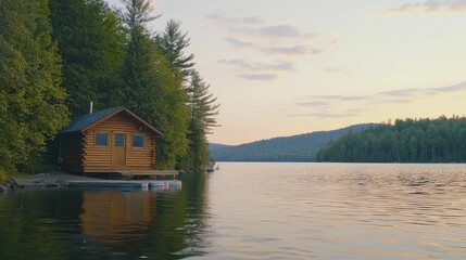 Obraz premium Final hours of sunset casting golden hues over a tranquil lakeside cabin retreat. Soft ripples reflect serene colors.