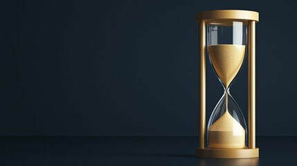 Golden hour hourglass brimming with glistening sands, rich navy backdrop, essence of transient moments.