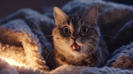 Playful cat surprised by static shocks while rubbing against a fuzzy blanket. Pet behavior, static electricity, family humor, relaxation, cuteness, playfulness