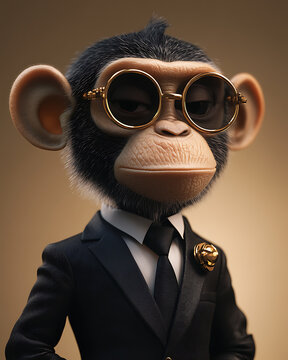 Sophisticated Chimpanzee in a Suit: A 3D Render of a Dapper Ape Wearing Sunglasses and a Tuxedo
