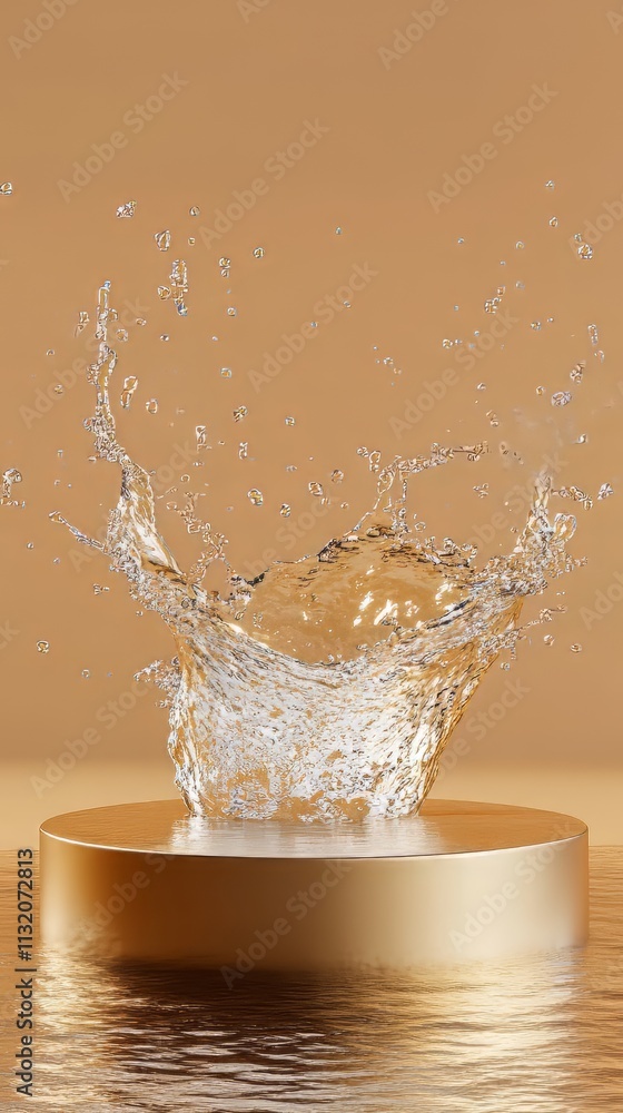 Poster empty gold podium mockup with water splash on a gradient background for product display. product moc