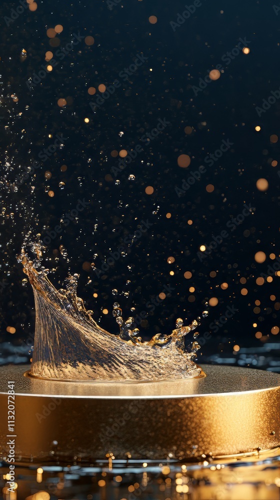 Poster empty gold podium mockup with water splash on a gradient background for product display. product moc