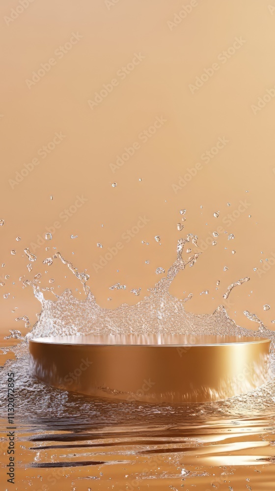 Poster empty gold podium mockup with water splash on a gradient background for product display. product moc