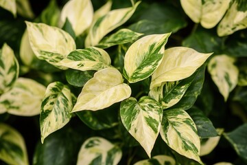 Variegated green and cream leaves of a houseplant.