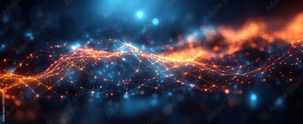 Poster abstract digital network structure with blue and orange glows cyber technology background
