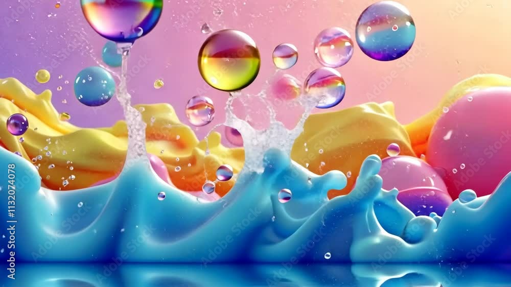 Poster colorful bubbles and waves create a stunning visual display in a dreamy environment