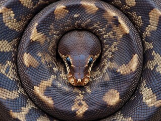 Coiled african rock python savanna habitat wildlife close view intricate patterns