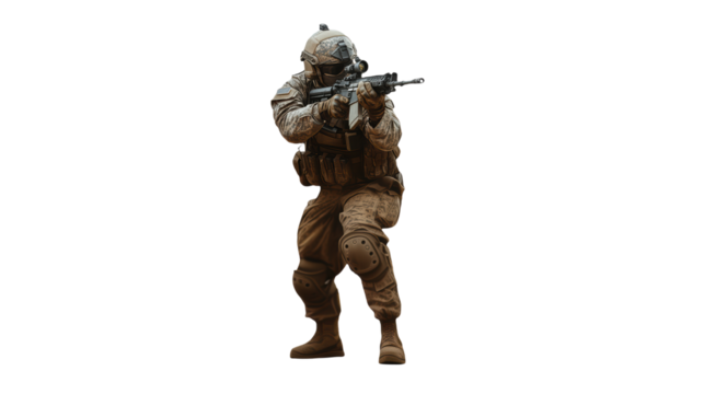 Dynamic Image of a Fully Armed Soldier in Combat Stance, Ideal for Military and Defense Themes