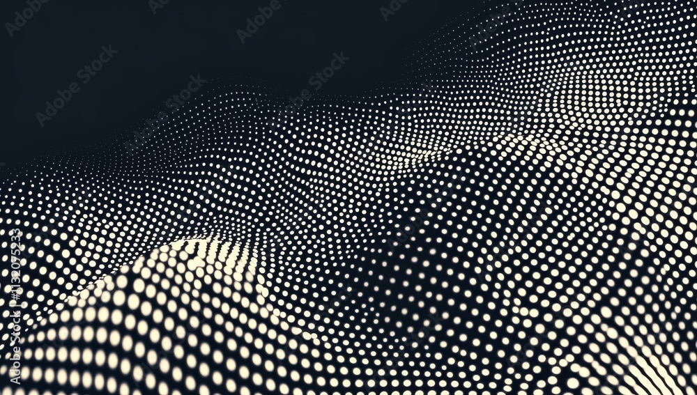 Poster abstract wave of white dots on dark background.