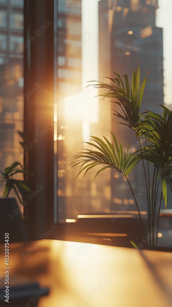 Poster modern business office setting environment blurred background with sunlight reflection on window gla