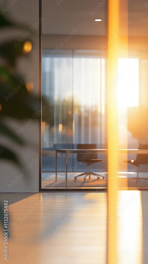 Poster modern business office setting environment blurred background with sunlight reflection on window gla