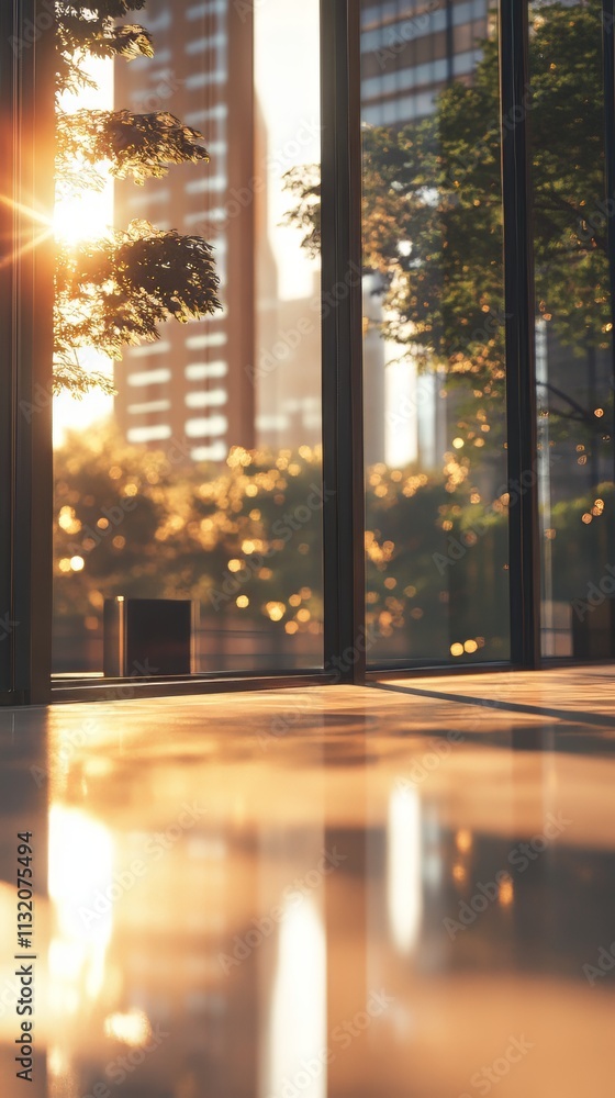 Poster modern business office setting environment blurred background with sunlight reflection on window gla