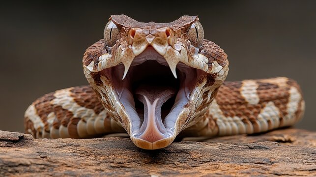 Gaboon viper displaying fangs in serene wilderness with cryptic brown patterns