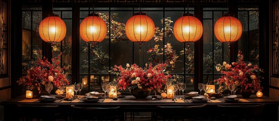 Elegant dining table setting with Asian-inspired lanterns and floral arrangements.