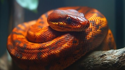 Fototapeta premium Coiled madagascar tree boa madagascar wildlife tropical forest close-up stunning orange patterns