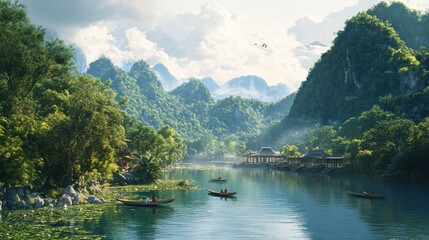 Serene Landscape with Boats and Mountain Range