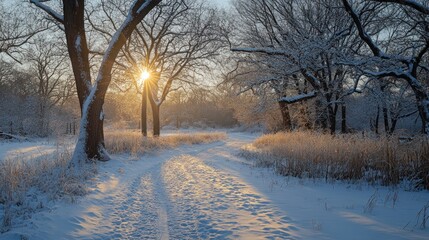 A snowy path through a winter forest at sunrise. The sun shines through the bare branches of trees and casts a warm glow on the snow-covered ground.