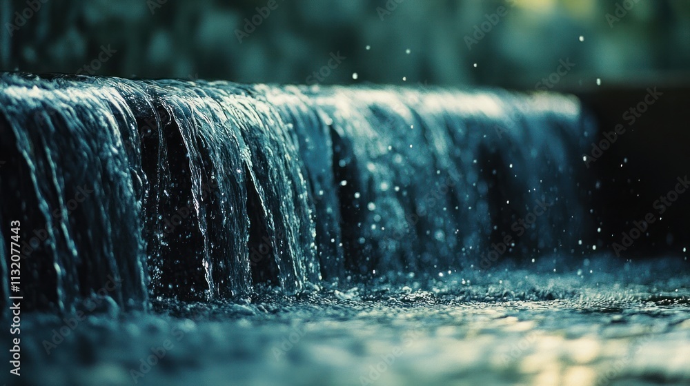 Poster a serene waterfall cascading over rocks, creating a tranquil atmosphere with splashing water.