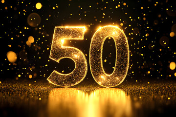 Glittering golden 50 number design with glowing particles, perfect for milestone celebrations, anniversaries, birthdays, festive events, luxury themes, and premium designs