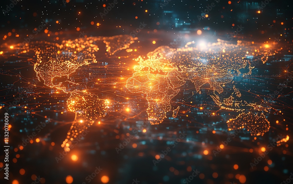 Poster futuristic world map with glowing data streams, warm light effects, representing global connectivity