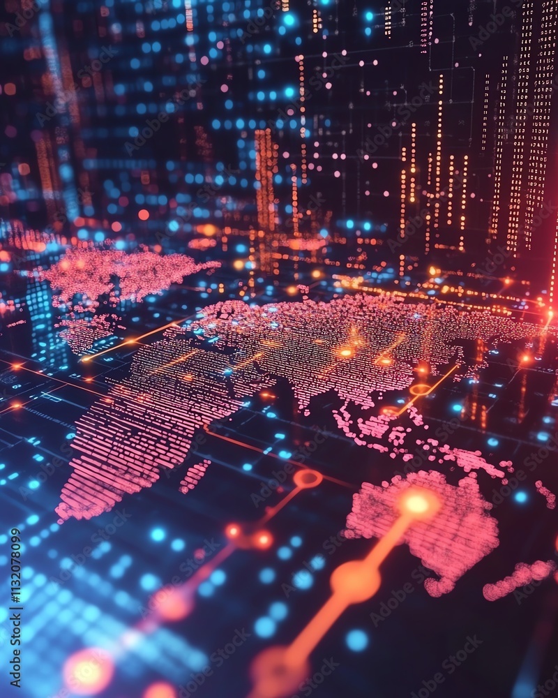 Poster global map illuminated by glowing data streams and a warm neon glow, symbolizing worldwide connectiv