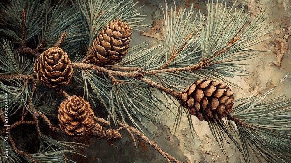 Poster a close-up view of a pine branch shows its rich green needles and several pine cones attached to it.
