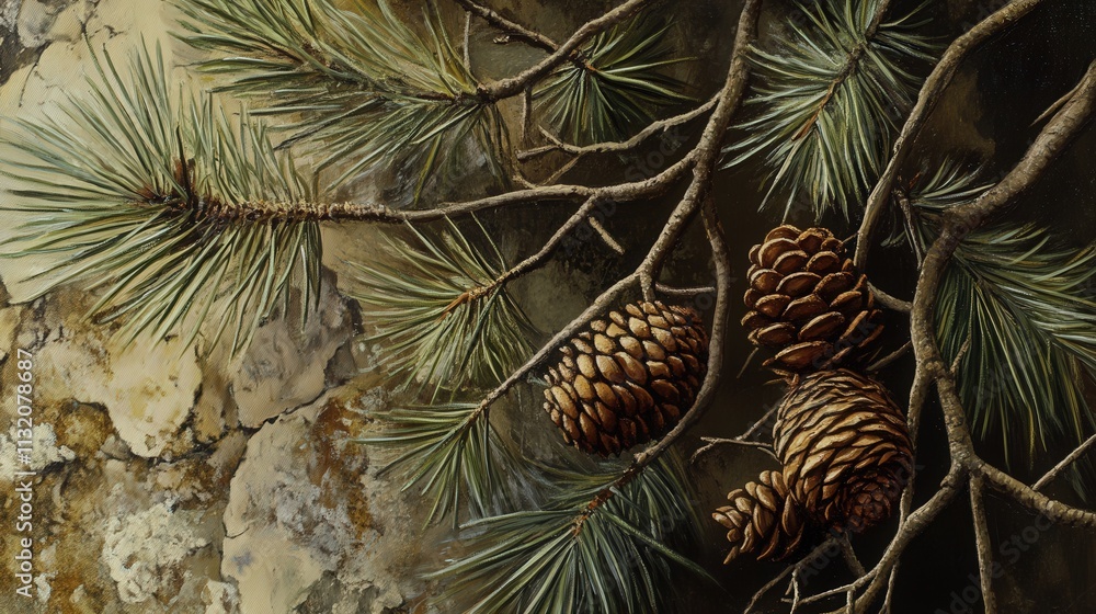 Poster a close-up view of a pine branch shows its rich green needles and several pine cones attached to it.