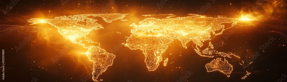 Poster glowing world map with digital data streams and a warm glow, symbolizing global technology advanceme