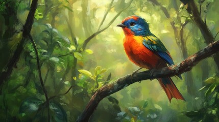 Obraz premium A colorful bird, its plumage a stunning blend of red, orange, and blue, sits perched on a branch in the heart of the forest.