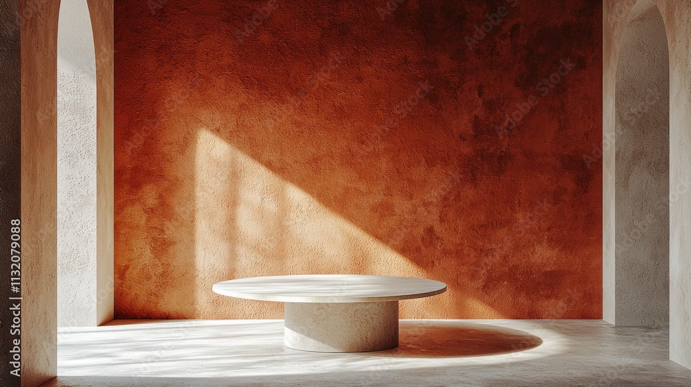 Poster A stunning interior features a warm terracotta wall that adds depth and character. Soft light filters through, creating an inviting atmosphere with a modern circular table at the center