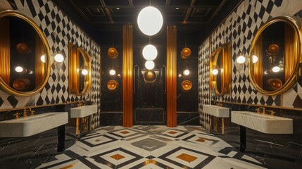 Obraz premium Art deco-style cleansing room with geometric patterns, chrome and gold accents, vintage lighting, and marble tiles 
