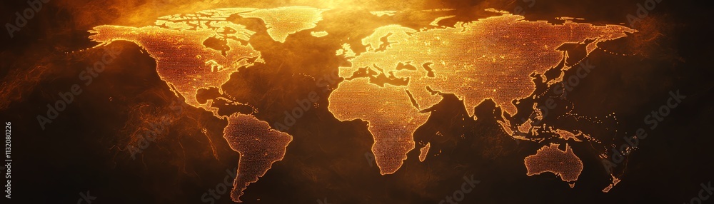 Poster illuminated digital world map with flowing data streams and a warm glow, showcasing global connectiv