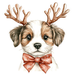 Cute puppy with antlers and bow tie for festive cheer