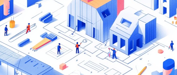 Isometric illustration of a construction site with workers building houses based on blueprints.
