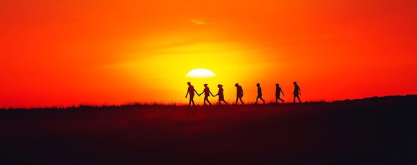 Naklejka premium Silhouette of a family walking hand in hand at sunset, representing love, unity, and togetherness, vibrant orange and red sky