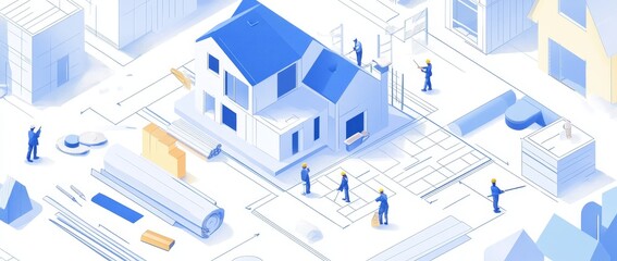 Fototapeta premium Isometric illustration of house construction with workers and blueprints.