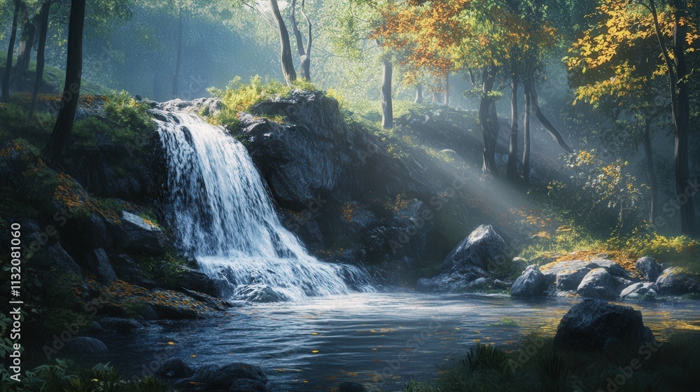 Poster a hidden waterfall gently tumbles into a stream in the forest, the sound of the flowing water blendi
