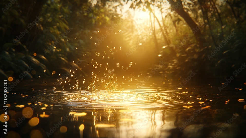 Poster capture of water bubbling up in a pond, with sunlight illuminating the ripples, creating a magical g