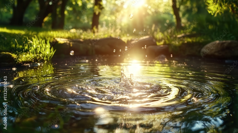 Poster capture of water bubbling up in a pond, with sunlight illuminating the ripples, creating a magical g