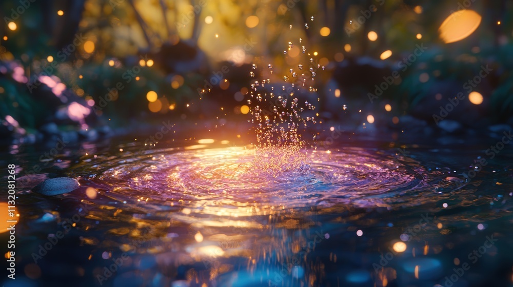Poster capture of water bubbling up in a pond, with sunlight illuminating the ripples, creating a magical g