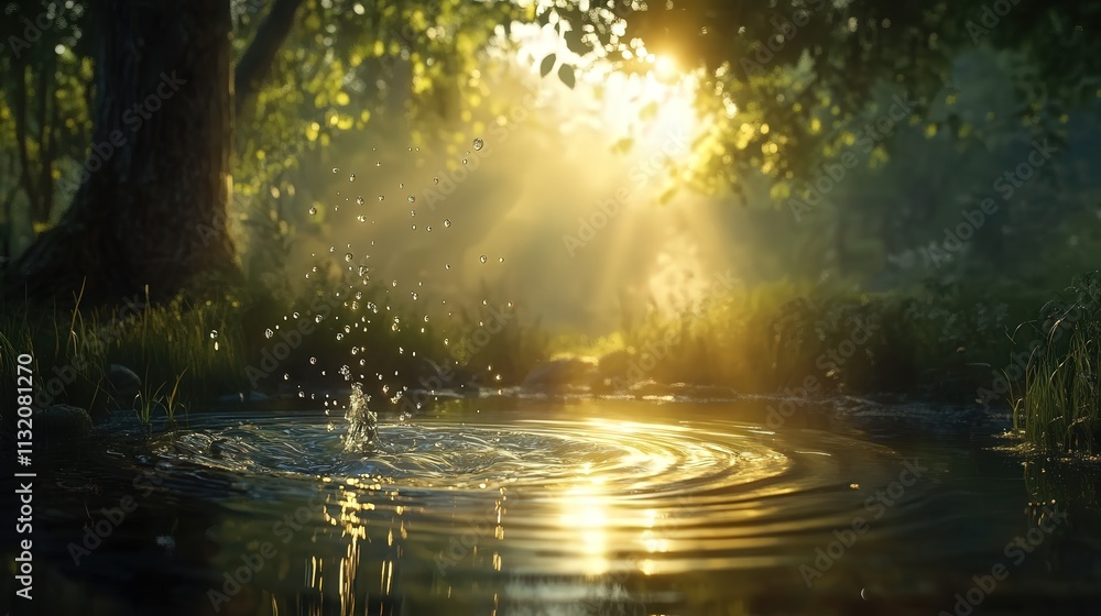 Poster capture of water bubbling up in a pond, with sunlight illuminating the ripples, creating a magical g
