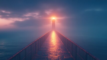 Obraz premium a bridge extending to a lighthouse, with soft light illuminating the path and casting reflections on the calm sea below