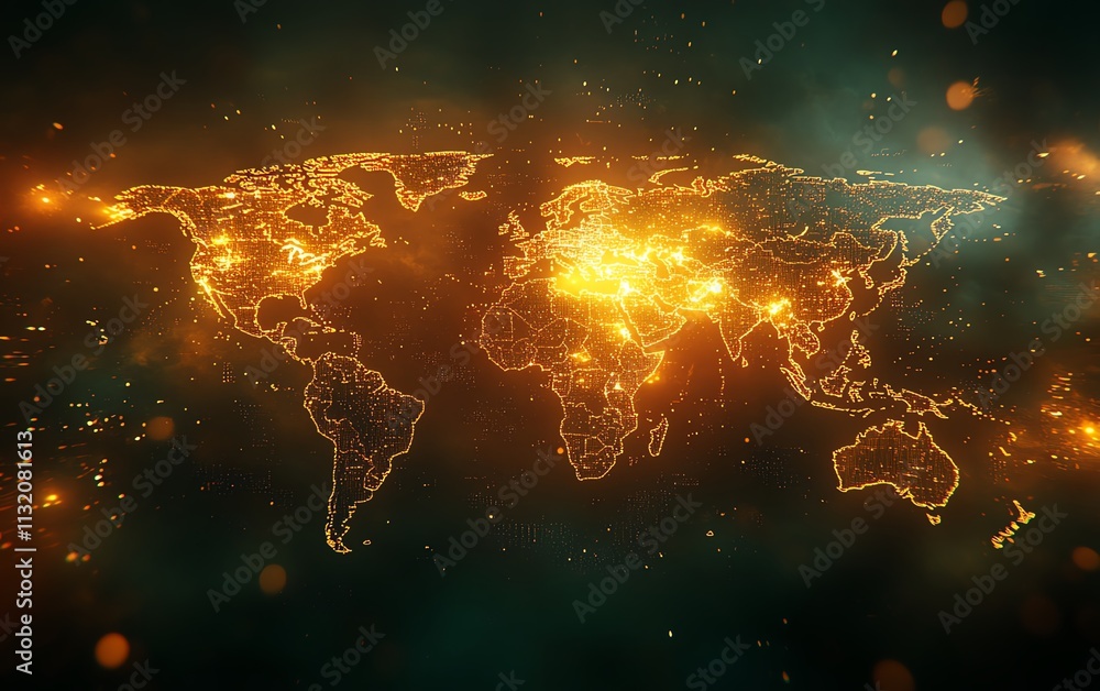 Poster world map glowing with digital data streams, warm light accents, symbolizing global connectivity and