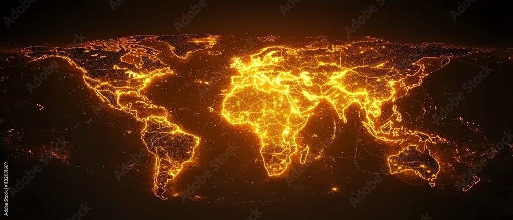 Poster world map with illuminated digital data streams, glowing warm light, representing technology advance