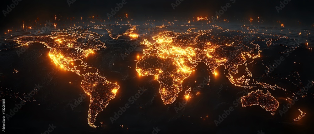 Poster world map with illuminated digital data streams, glowing warm light, representing technology advance