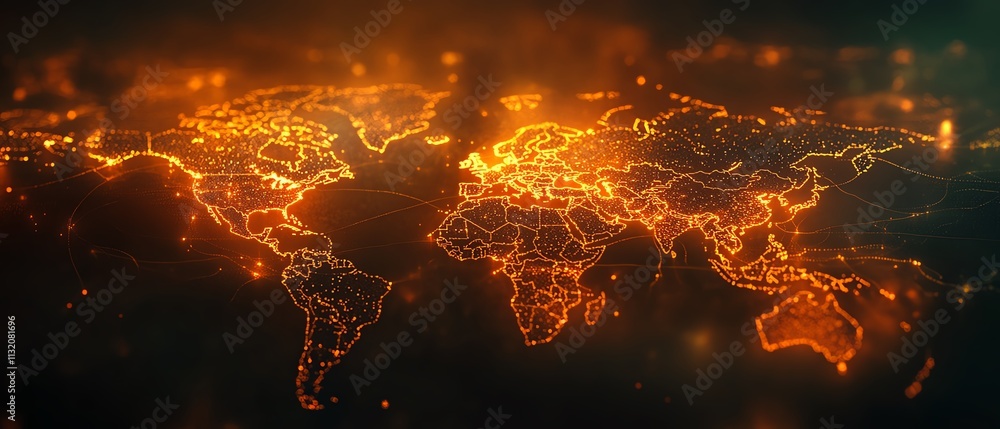Poster world map with illuminated digital data streams, glowing warm light, representing technology advance