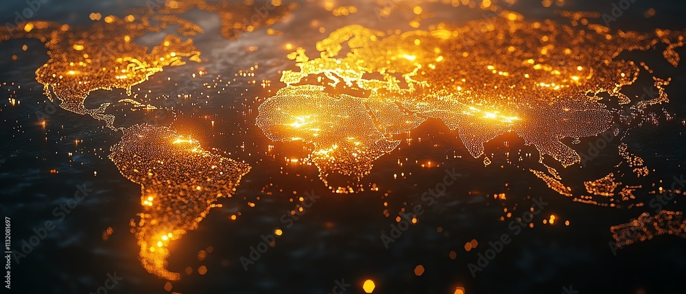 Poster world map with illuminated digital data streams, glowing warm light, representing technology advance