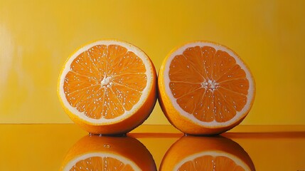 Fototapeta premium Two Halves of a Juicy Orange on Yellow Background