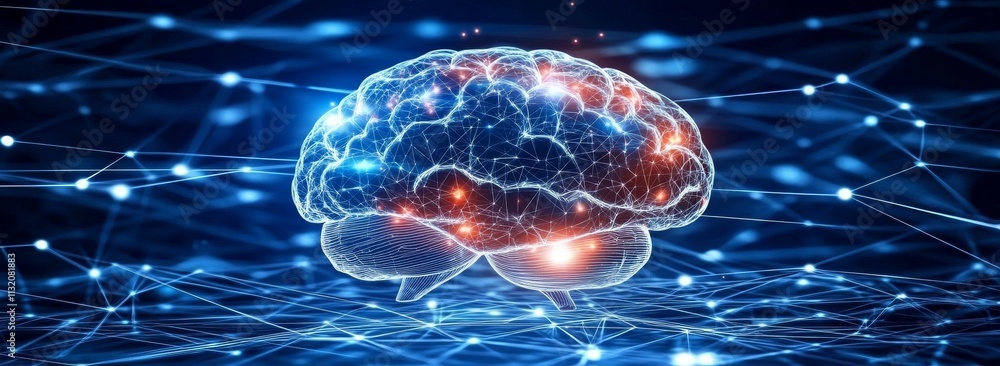 Poster glowing human brain with neural network connections.
