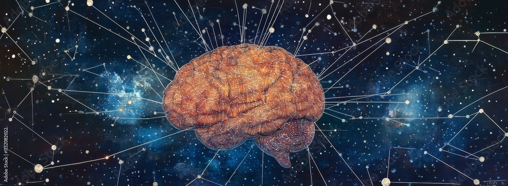 Poster Human brain in space, connected by neural network.